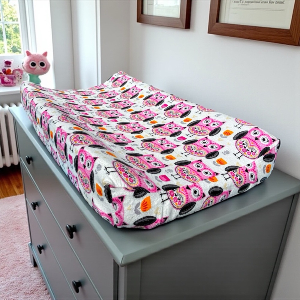 Handmade Pink & White Owls Baby Changing Pad Cover